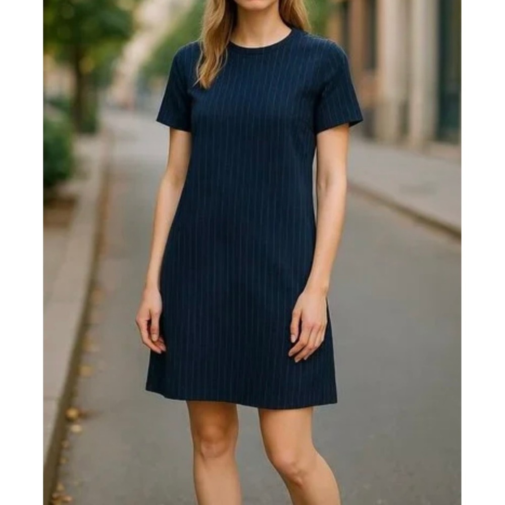 MM LaFleur Navy Blue Pinstripe Short Sleeve Shift Dress Womens Sz L Professional